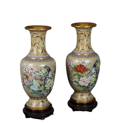 Vases Anciens Cuivre Cloisonné Chine du XXe Siècle