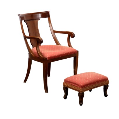 Fauteuil Ancien Noyer Tissu Repose-Pieds du XIXe Siècle