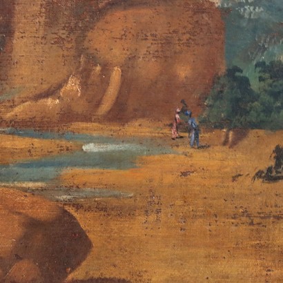 Gemälde Landschaft mit Gebäuden und Figuren