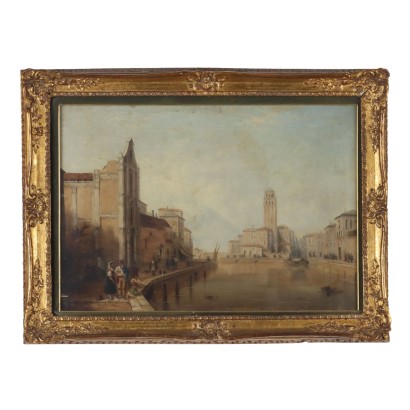 Tableau Ancien Vue sur la Ville Huile sur Toile XIXe Siècle