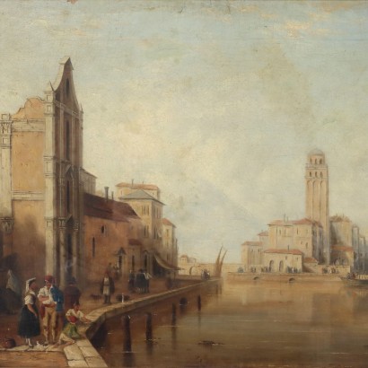 Peinture Vue de la ville avec canal%,Vue de la ville avec canal et personnages,Peinture Vue de la ville avec canal%,Peinture Vue de la ville avec canal%