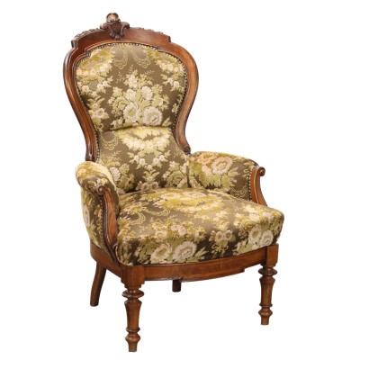 Antique Armchair Umbertino Walnut Fabric Italy XIX Century