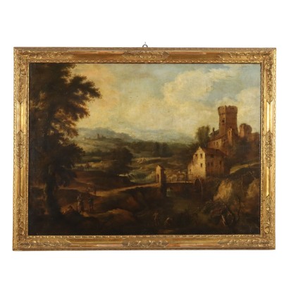 Antique Painting Landscape with Stream Mill XVIII Century