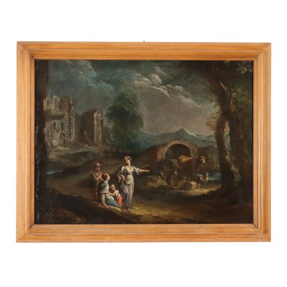 Antique Painting Landscape with Figures Oil on Canvas XVIII Century