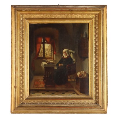 Antique Painting Signed Augusto Friedrich Siegert Interior with Figure