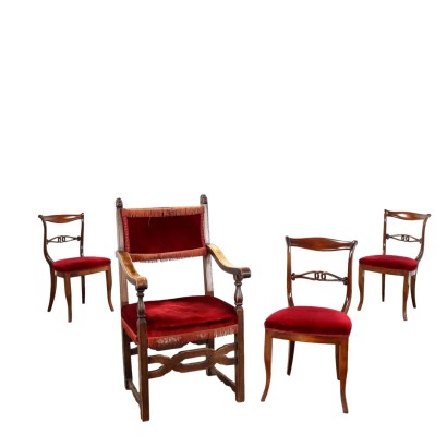Antique Neo-Renaissance High Chair with 3 Chairs XX Century
