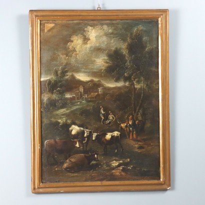Landscape with Figures and Herd Antique Painting XVIII Century
