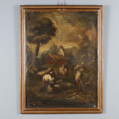 Landscape with Shepherd and Sheep Oil on Canvas XVIII Century