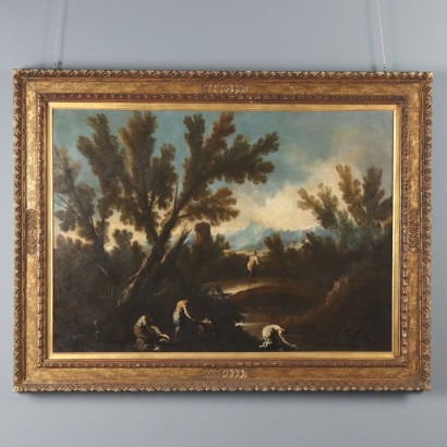 Landscape with River and Figures Oil on Canvas Italy XVIII Century