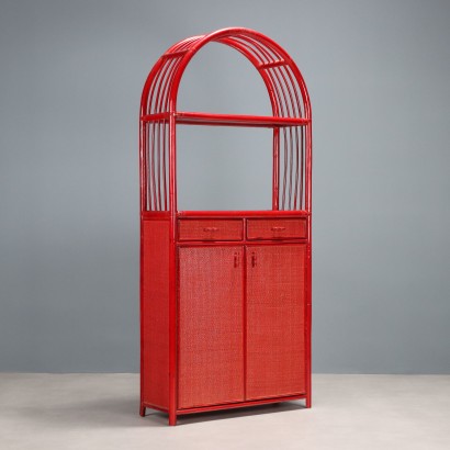 Vintage Bookcase Red Bamboo Glass Design Italy 1980s
