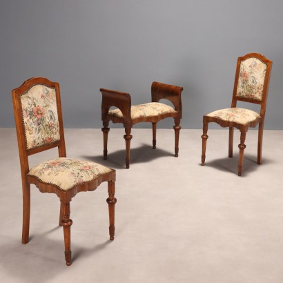 Antique Chairs and Bench Art Deco Walnut Burl Italy XIX Century
