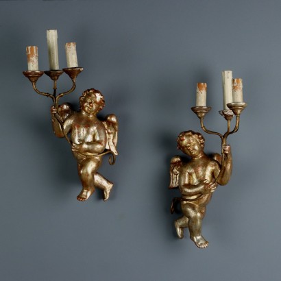 Antique Wall Lamps Carved Gilded Wood Iron Italy XX Century