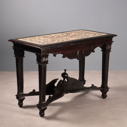 Antique Walnut Table with Leaf Carvings Ebonized Scagliola Top