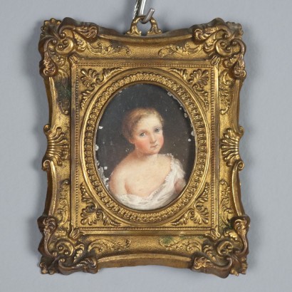 Antique Miniature Child Portrait Oil on Metal XIX Century