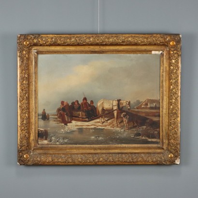 Antique Painting Winter Scene Oil on Canvas Northern Europe 800s