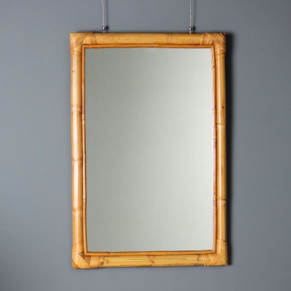Vintage Mirror Design Bamboo Frame Wicker Italy 1980s