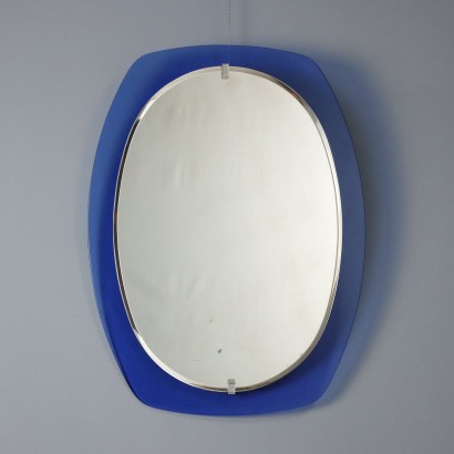 Vintage Oval Mirror Glass Blue Frame Design Italy 1960s