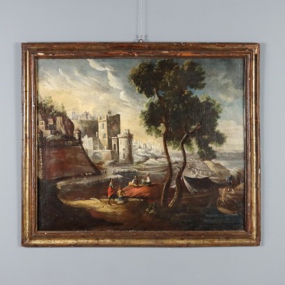 Antique Painting Landscape with Buildings Oil on Canvas XVIII Century