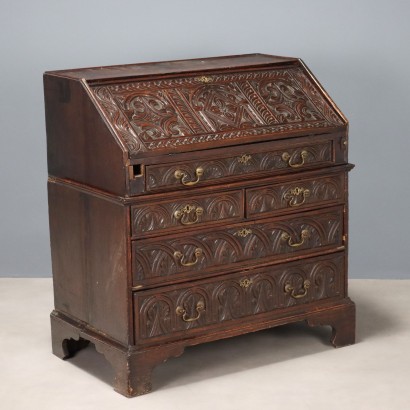 Antique Flap Cabinet Painted Linden Carvings Europe XIX Century