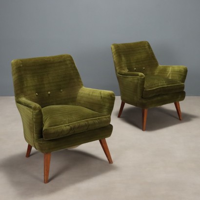 Vintage Armchairs Green Velvet Wood Design Italy 1950s