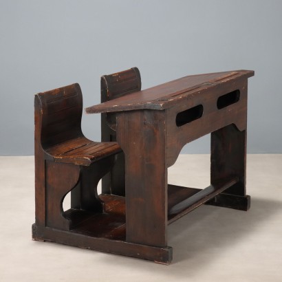 Antique School Desk Walnut Painted Larch 2 Seats XIX Century