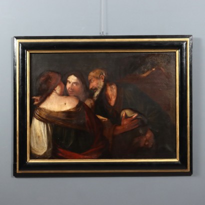 Antique Painting Lot and his Daughters Oil on Canvas XVIII Century