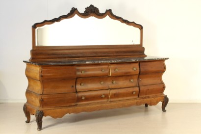 Dresser with mirror, driven on the front foot moved, carved feet, two doors, six drawers, marble top, shaped mirror bevelled mirror carved ebonized instruments