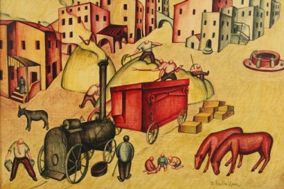 art of the twentieth century, 900, 20th century, Mario Umberto Baldassari (1907-1993), Futurism, Mantuan painter post, broad, peasants working in the fields, landscape with figures, hay harvesting, #arte, #novecento, #dimanoinmano