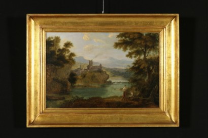 Paesaggio classico con castello e figure.