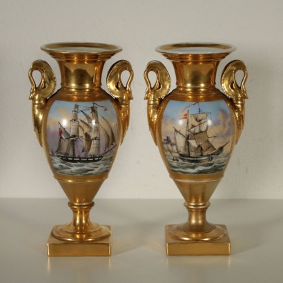 Pair of Empire Vases Gilded Porcelain Early 1800s