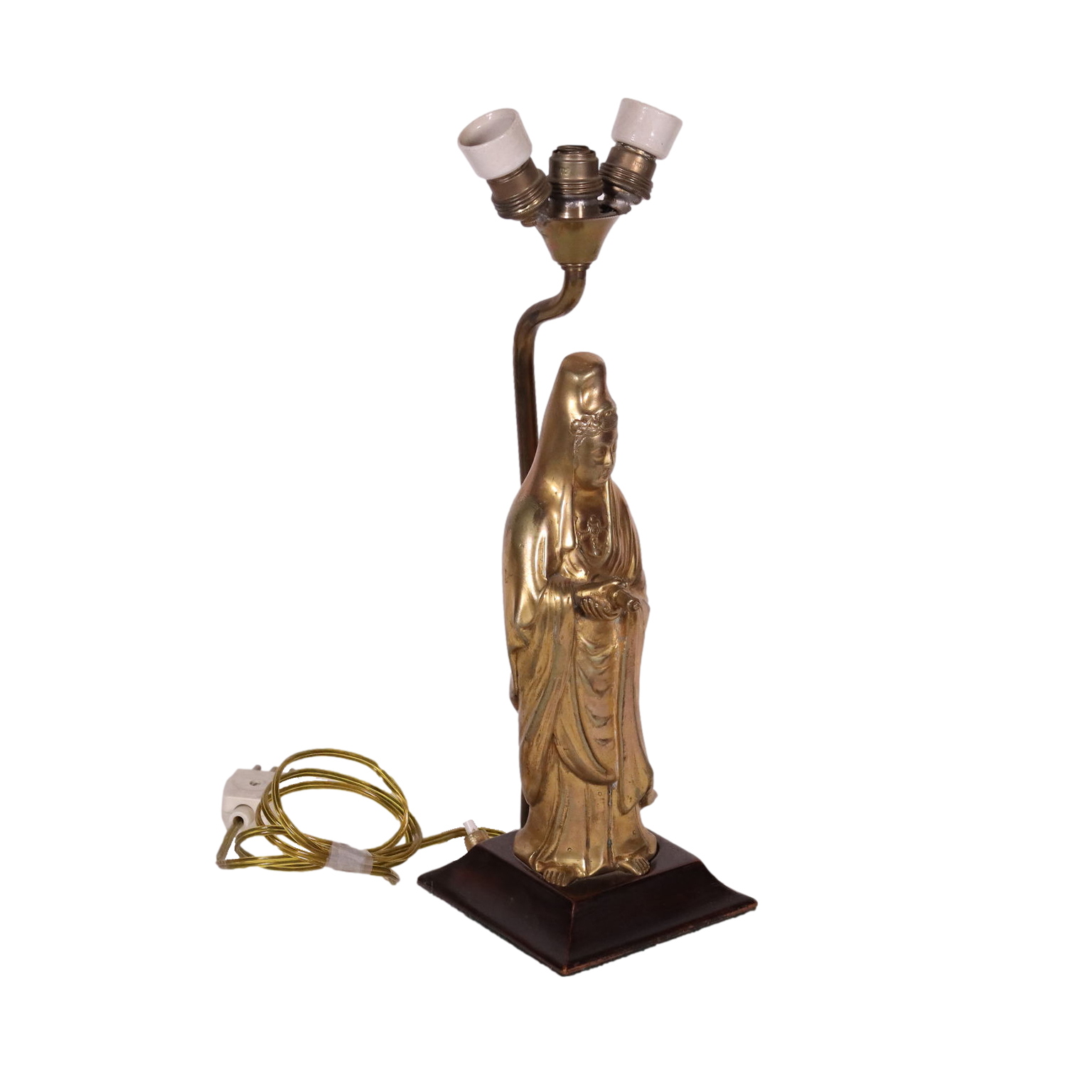 Statua Antica Bronzo dorato Dea Kannon Giappone '900 Lampada Legno