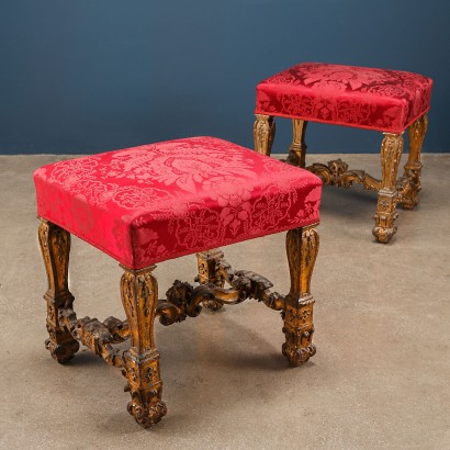 Couple of Baroque Stools Wood Italy XVII Century