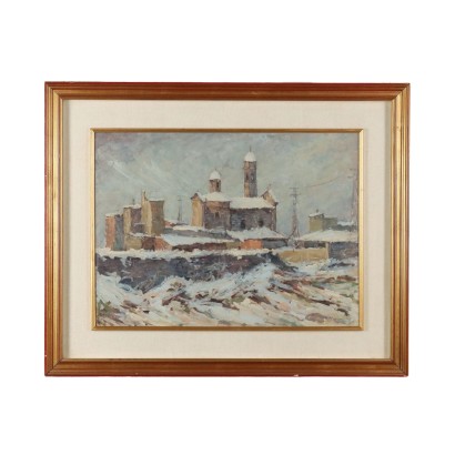 arte, arte italiana, pittura novecento italiana,Gaetano Valbusa ,Scorcio di Paese Innevato,Gaetano Valbusa